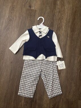 NWT Adorable, preppy Little Me Navy Vest and Cream Shirt with Blue Plaid Pants